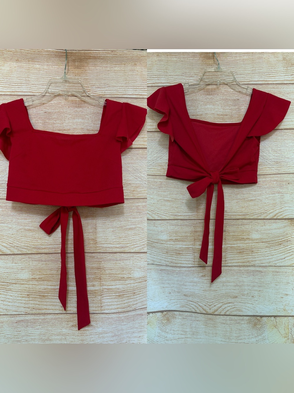 Red Flutter Short Sleeve Open Back Tie Crop Top Sz Small